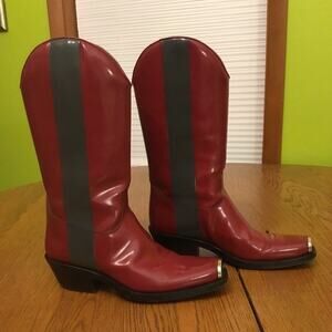 Calvin Klein 205W39NYC × Raf Simons Red Leather Gray Stripe Western Cowboy Boots